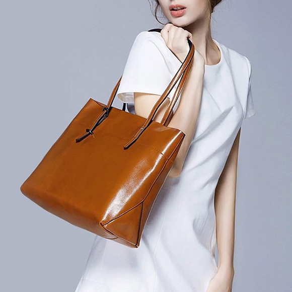 Brown Genuine Leather Tote Shoulder Bag - Picture 5 of 6